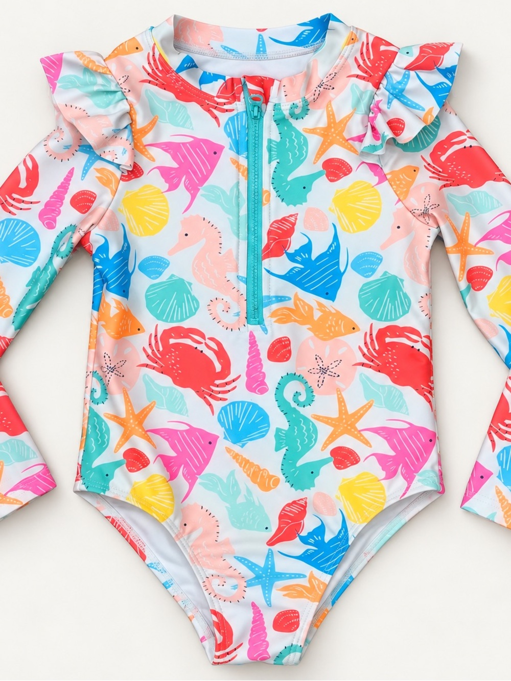 Girls' Long Sleeve One-Piece Rash Guard Swimsuit - Multicolor Sea Life Print